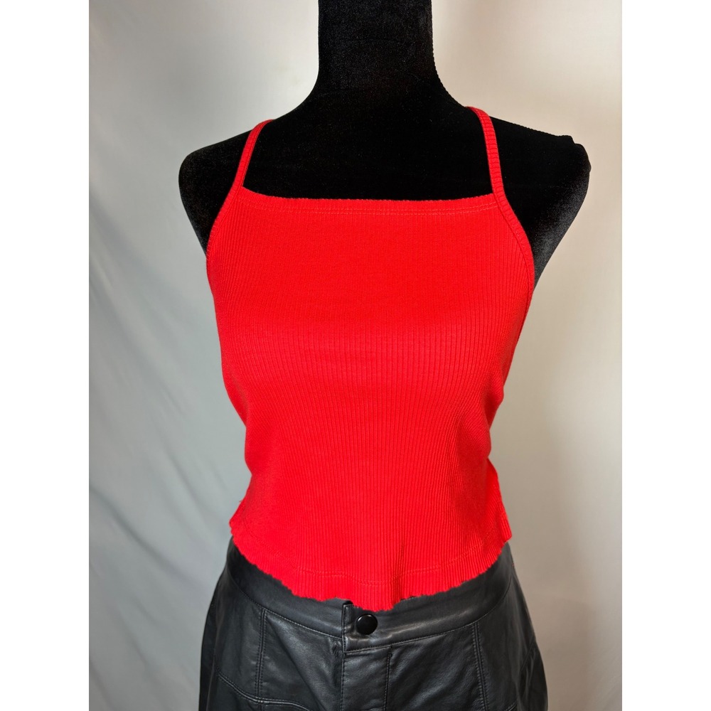 Urban Outfitters Red Ribbed Lace-Up Open Back Cami Crop Tank Top Mediu